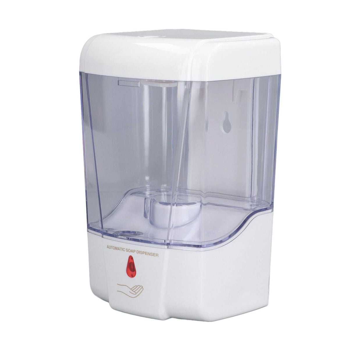 Automatic Soap Dispenser with a white ABS plastic body, clear translucent reservoir, and red sensor indicator on the front