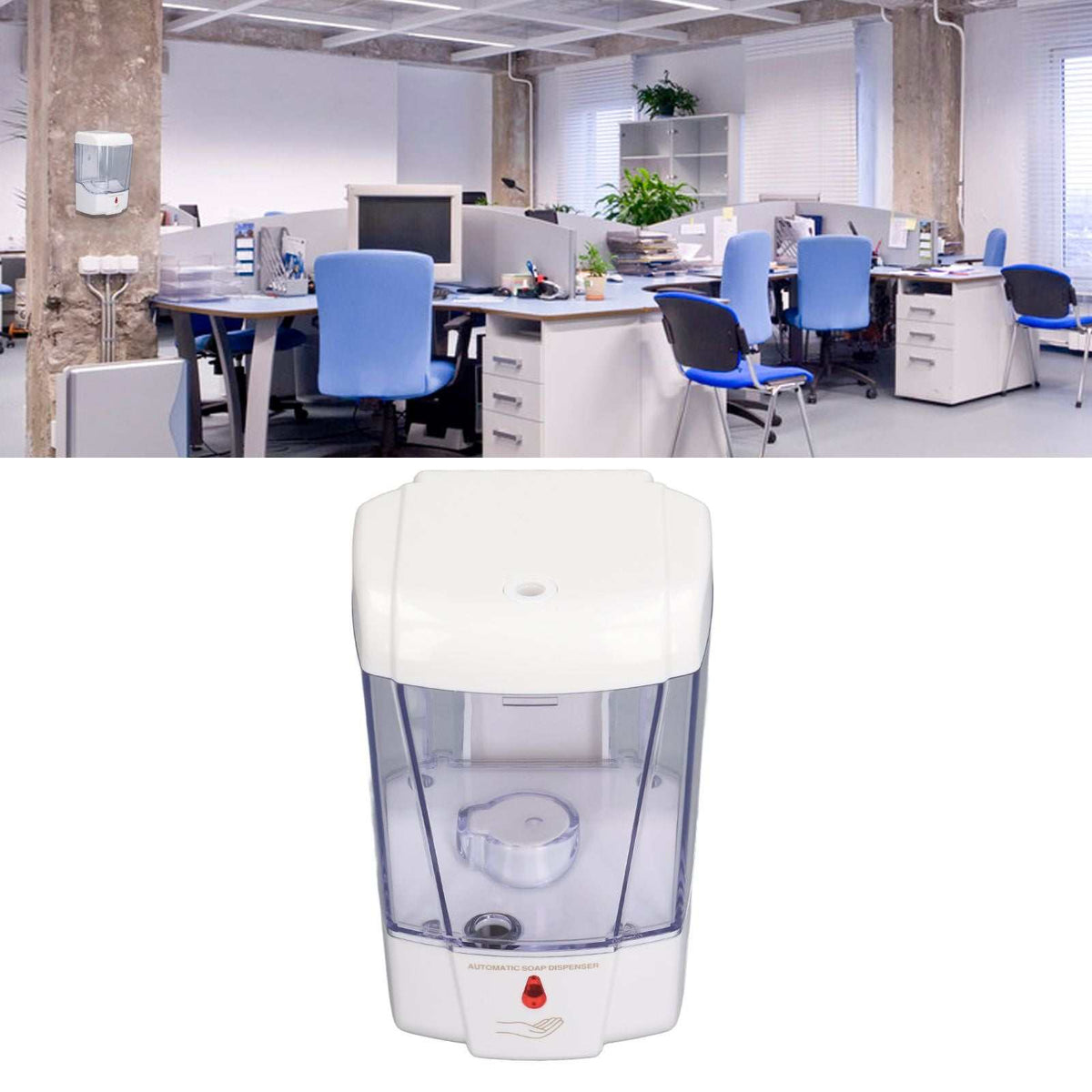 Automatic Soap Dispenser with a white plastic top and base, clear reservoir, and red sensor indicator