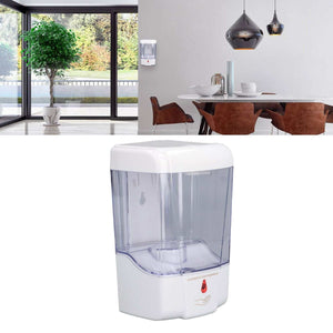 Automatic Soap Dispenser in white plastic with a clear reservoir and red sensor indicator, featuring a wall-mount design
