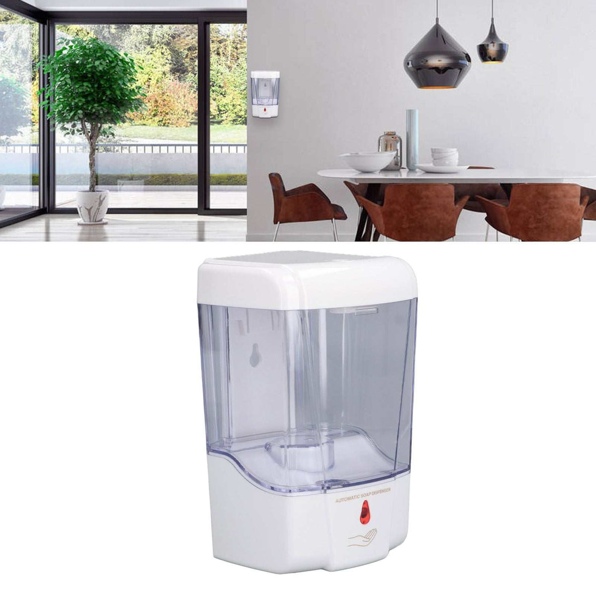 Automatic Soap Dispenser in white plastic with a clear reservoir and red sensor indicator, featuring a wall-mount design