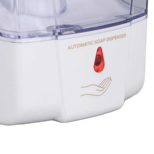 Automatic Soap Dispenser with a white plastic body, clear upper reservoir, red sensor window and hand-detection symbol