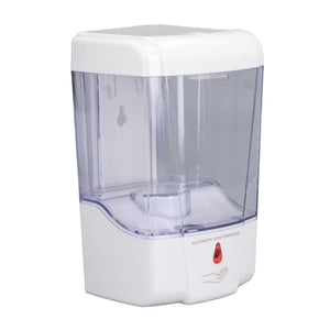 Automatic Soap Dispenser in white ABS plastic with a clear reservoir, red sensor indicator and touchless dispensing design