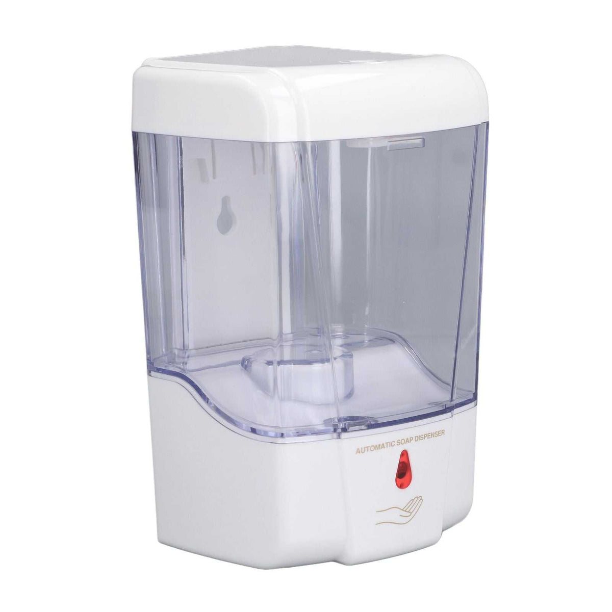 Automatic Soap Dispenser in white ABS plastic with a clear reservoir, red sensor indicator and touchless dispensing design
