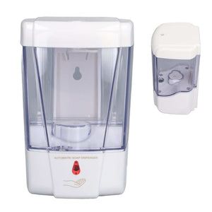 Automatic Soap Dispenser in white ABS plastic with a clear reservoir, red sensor indicator and touchless hand symbol