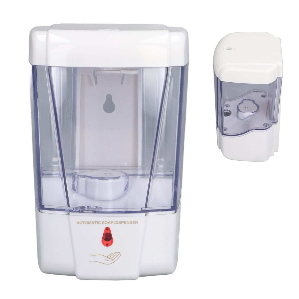 Automatic Soap Dispenser in white ABS plastic with a clear reservoir, red sensor indicator and touchless hand symbol