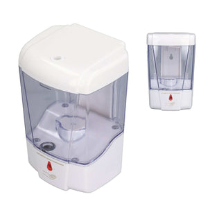 Automatic Soap Dispenser in white ABS plastic with a clear lavender-tinted reservoir and red sensor indicator