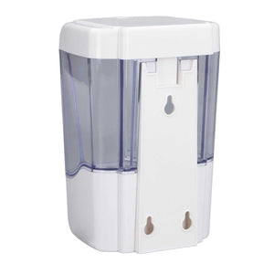 Automatic Soap Dispenser in white ABS plastic with a clear smoky reservoir and wall-mount plate with keyhole slots