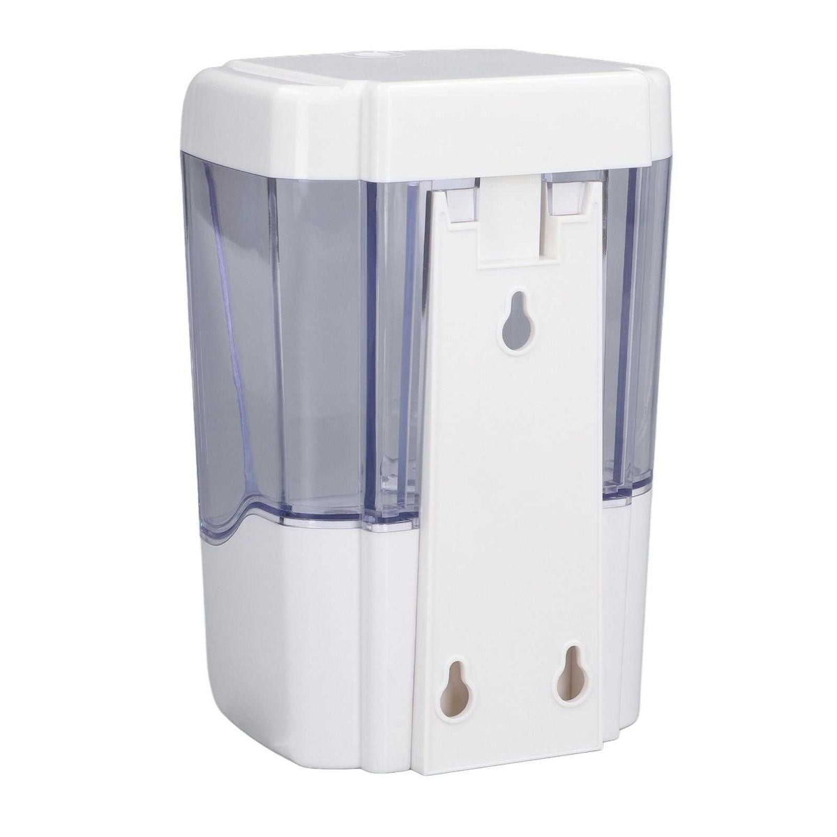 Automatic Soap Dispenser in white ABS plastic with a clear smoky reservoir and wall-mount plate with keyhole slots