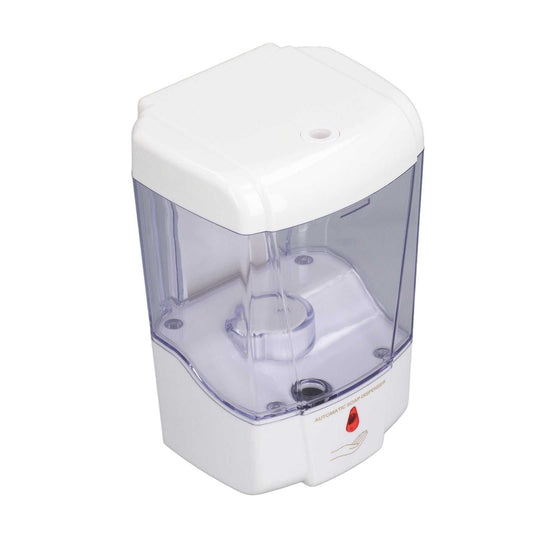 Automatic Soap Dispenser with a white ABS plastic housing, clear blue-tinted reservoir and red sensor detail