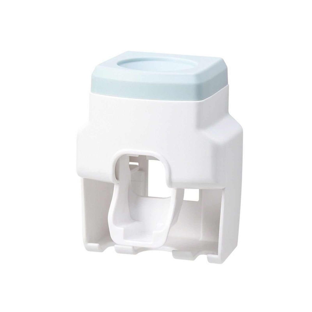 Automatic Toothpaste Dispenser with a white plastic body, pale blue top, and integrated toothbrush holder