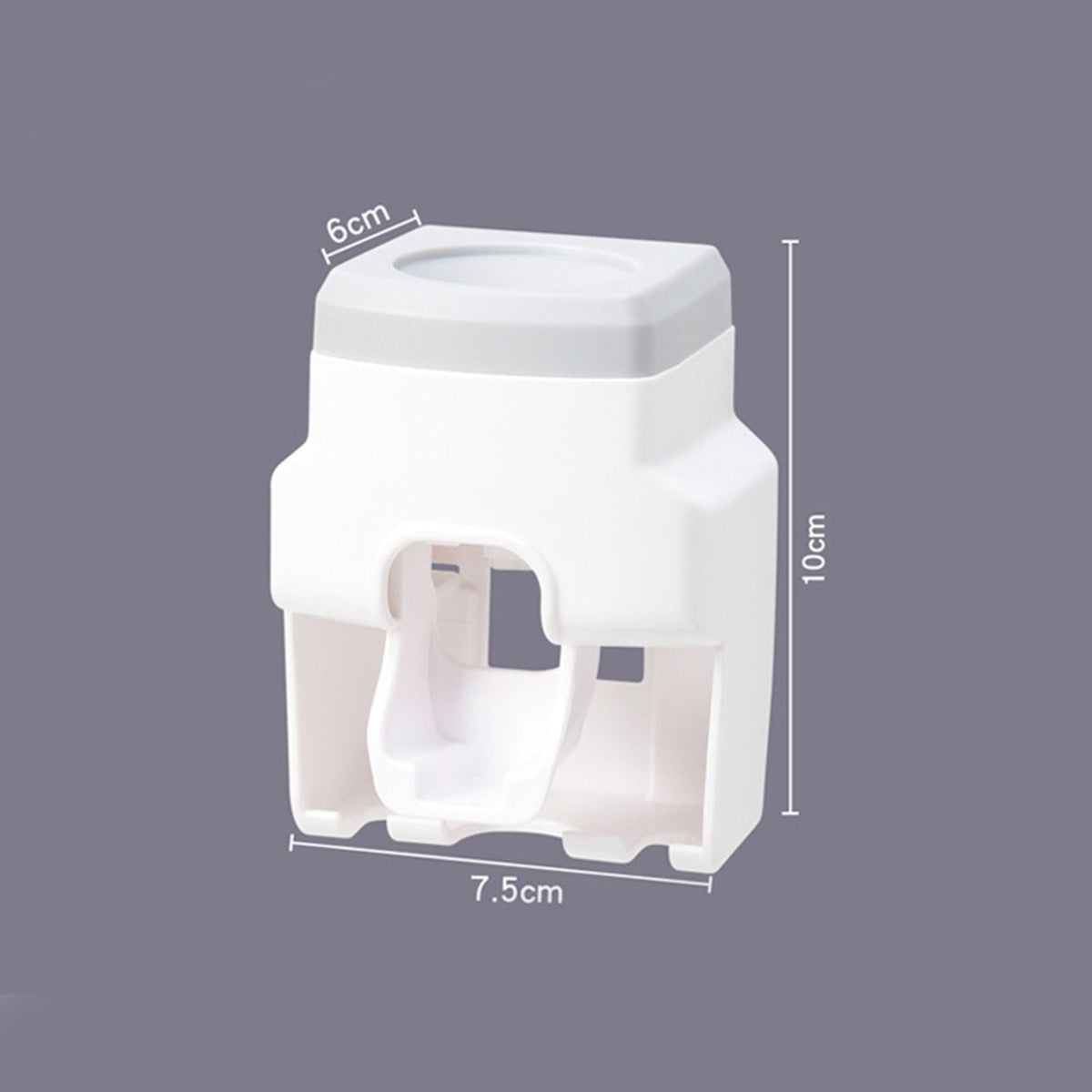 Automatic Toothpaste Dispenser with toothbrush holder, white ABS plastic body and light grey top, featuring an open lower cradle