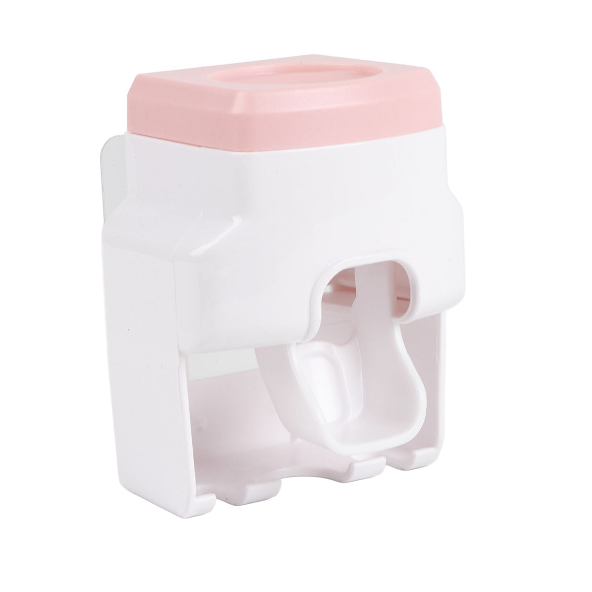 Automatic Toothpaste Dispenser in white and pale pink plastic, with a wall-mounted housing and integrated toothbrush holder