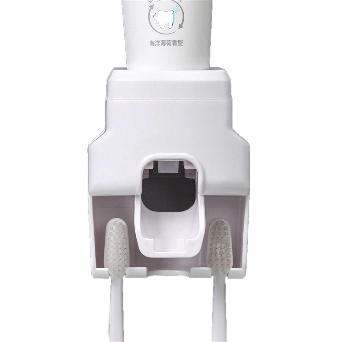Automatic Toothpaste Dispenser in white ABS plastic, with a central dispensing nozzle and two integrated toothbrush holders