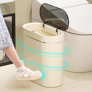 Automatic Trash Can in cream plastic with a slim rounded rectangular body, open dark translucent lid and sensor design