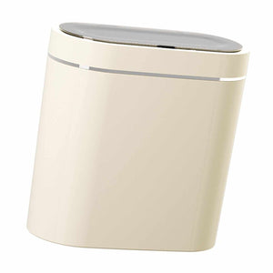 Automatic Trash Can in a slim rectangular shape with a cream plastic body, silver trim, and a gray sensor lid