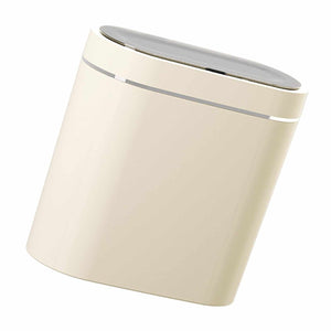 Automatic Trash Can in a slim cream plastic design with a smooth silver-gray lid and subtle horizontal trim