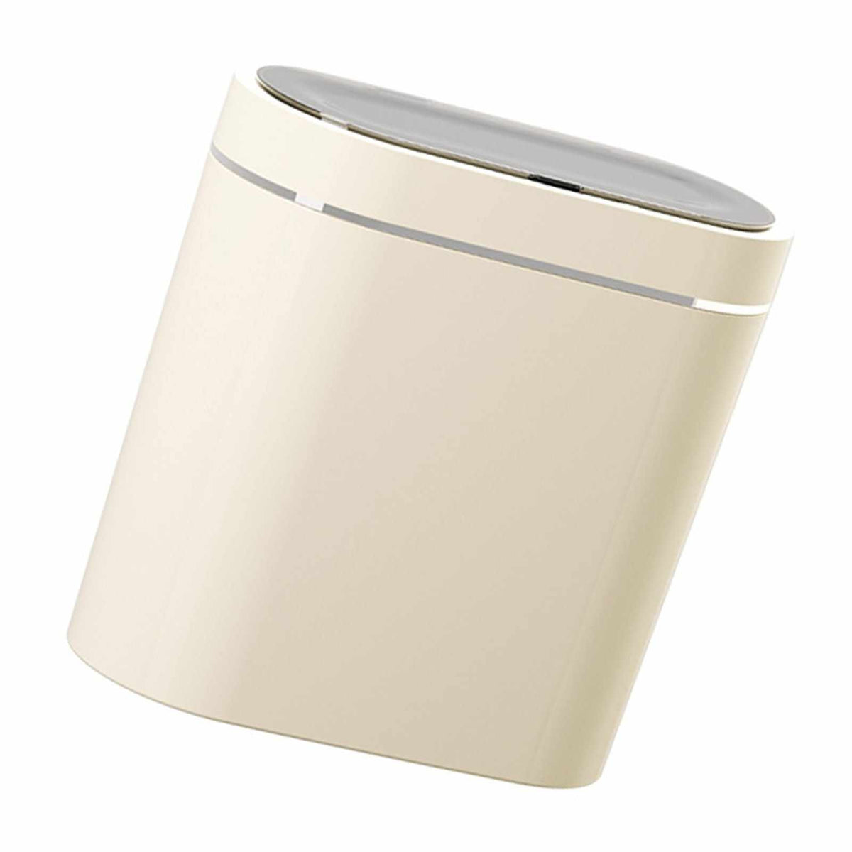 Automatic Trash Can in a slim cream plastic design with a smooth silver-gray lid and subtle horizontal trim