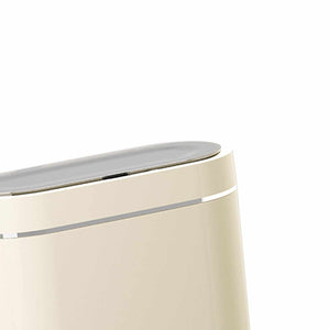 Automatic Trash Can in a slim cream plastic design with a grey automatic sensor lid and metallic accent strip