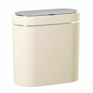 Automatic Trash Can in a slim cream plastic design with a rounded rectangular body and dark sensor lid