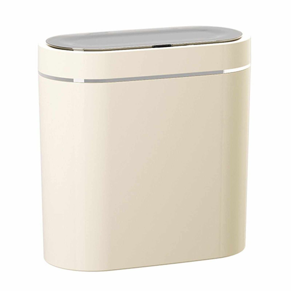 Automatic Trash Can in a slim cream plastic design with a rounded rectangular body and dark sensor lid