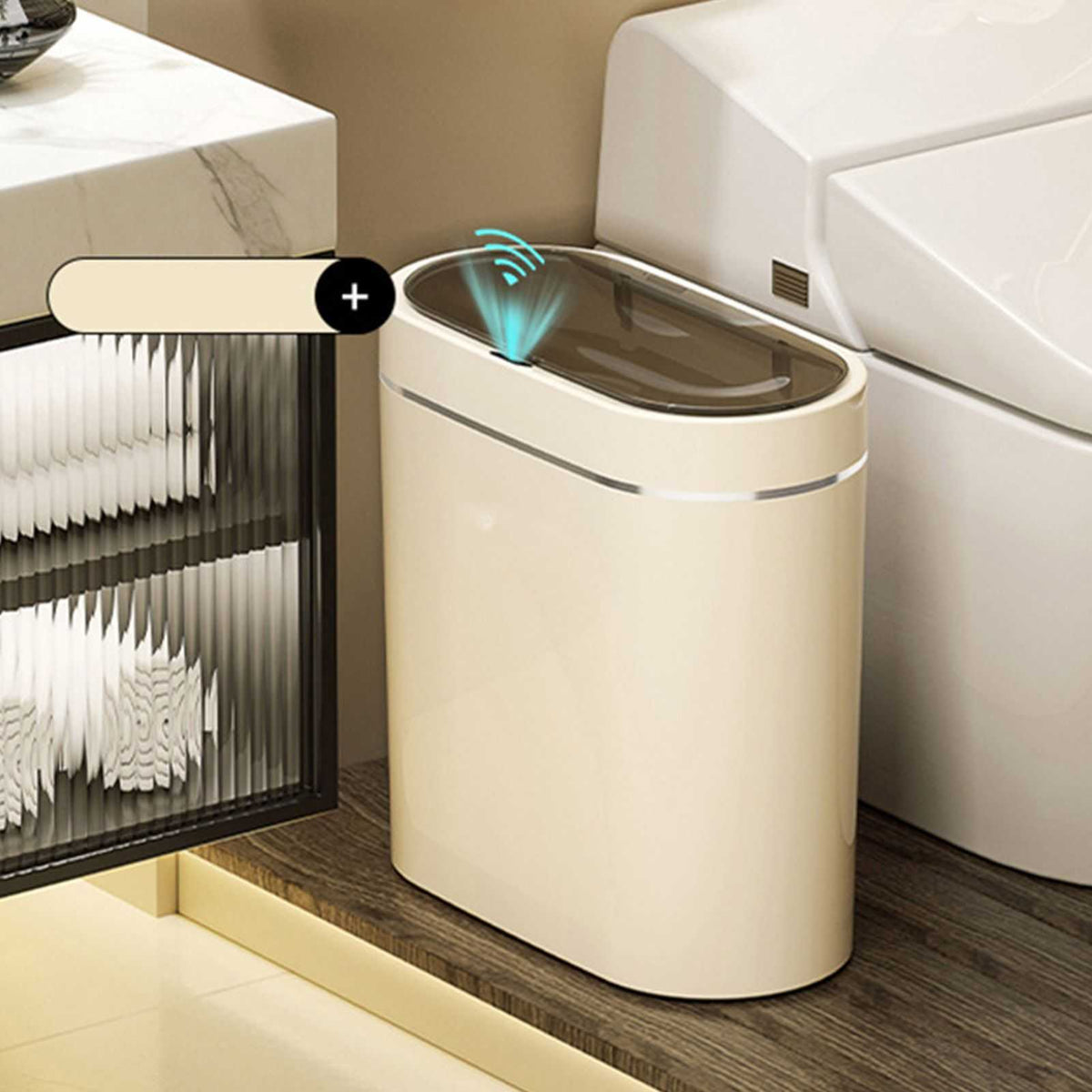 Automatic Trash Can in a slim cream plastic body with a dark oval sensor lid and rounded corners.