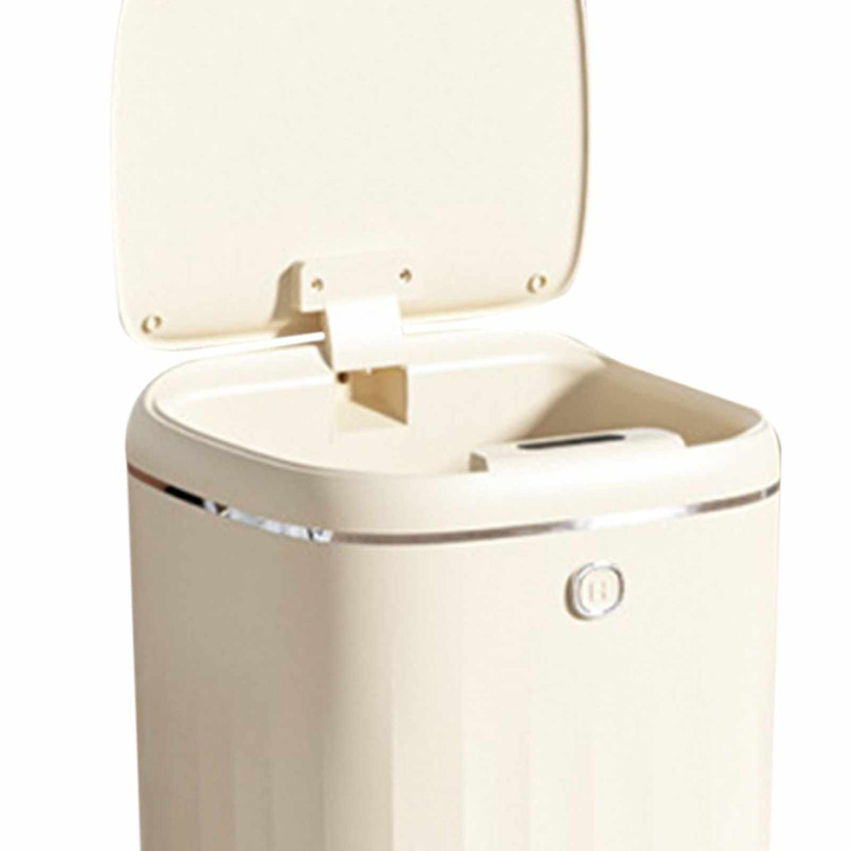Automatic Trash Can in cream white plastic with an open hinged lid, chrome trim and round front sensor button