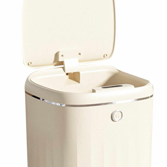 Automatic Trash Can in cream white plastic with an open hinged lid, chrome trim and round front sensor button