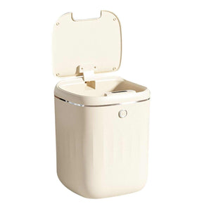 Automatic Trash Can in cream white plastic with a rounded rectangular body, open hinged lid and front sensor button