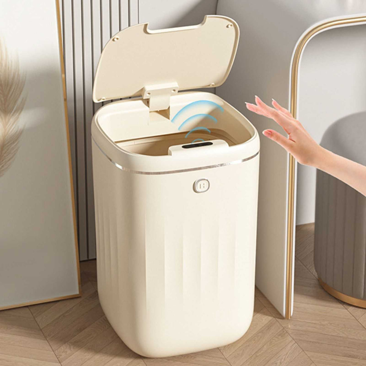 Automatic Trash Can in cream white plastic with a rounded rectangular body, open sensor lid and touchless design