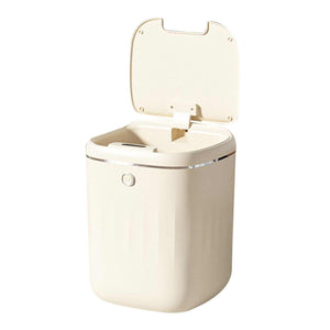 Automatic Trash Can in cream white plastic with a rounded rectangular body, chrome trim and open sensor lid