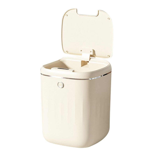 Automatic Trash Can in cream white plastic with a rounded rectangular body, chrome trim and open sensor lid
