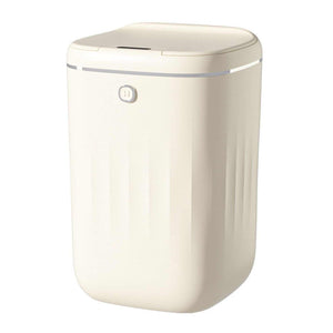 Automatic Trash Can in cream white plastic with a rounded rectangular body, sensor lid, and slim silver trim