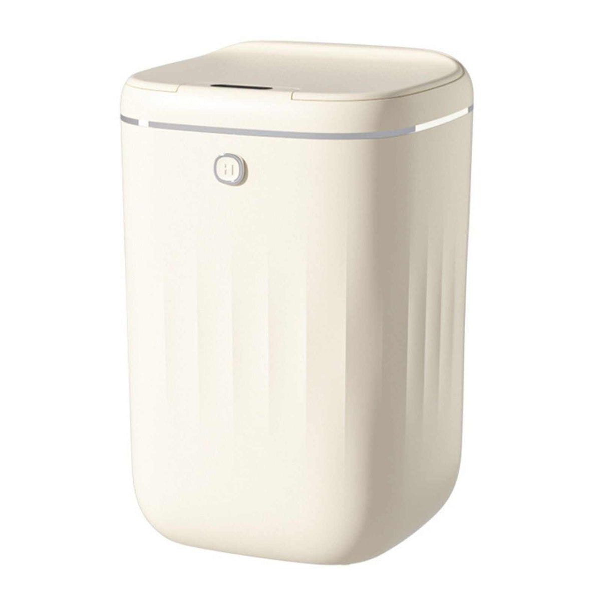Automatic Trash Can in cream white plastic with a rounded rectangular body, sensor lid, and slim silver trim