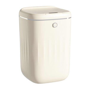 Automatic Trash Can in cream white plastic with a smooth rectangular body, rounded corners, and a sensor lid
