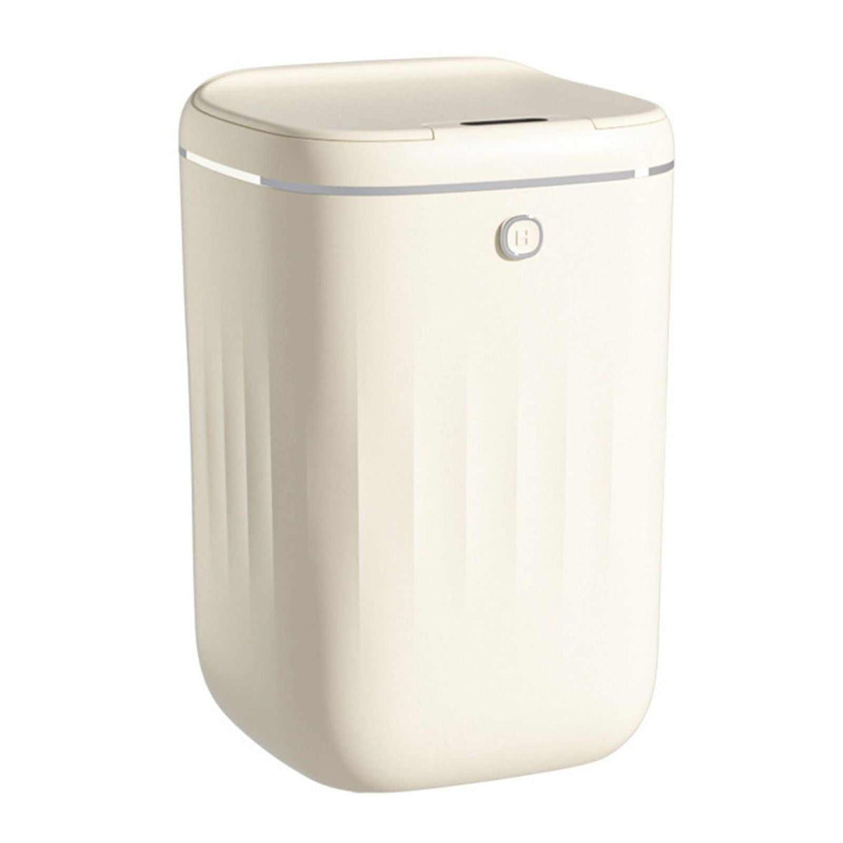 Automatic Trash Can in cream white plastic with a smooth rectangular body, rounded corners, and a sensor lid
