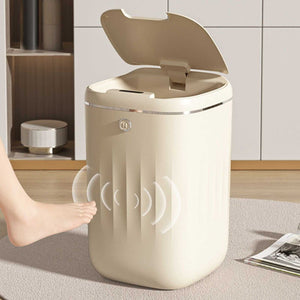 Automatic Trash Can in cream white plastic with a smooth cylindrical body, silver rim, and raised sensor lid