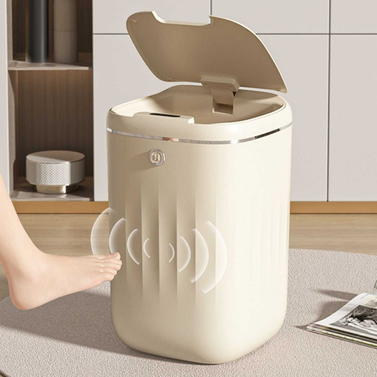 Automatic Trash Can in cream white plastic with a smooth cylindrical body, silver rim, and raised sensor lid