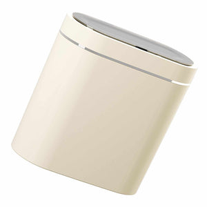 Automatic Trash Can in a slim ivory plastic design with a smooth body, silver trim and an oval sensor lid