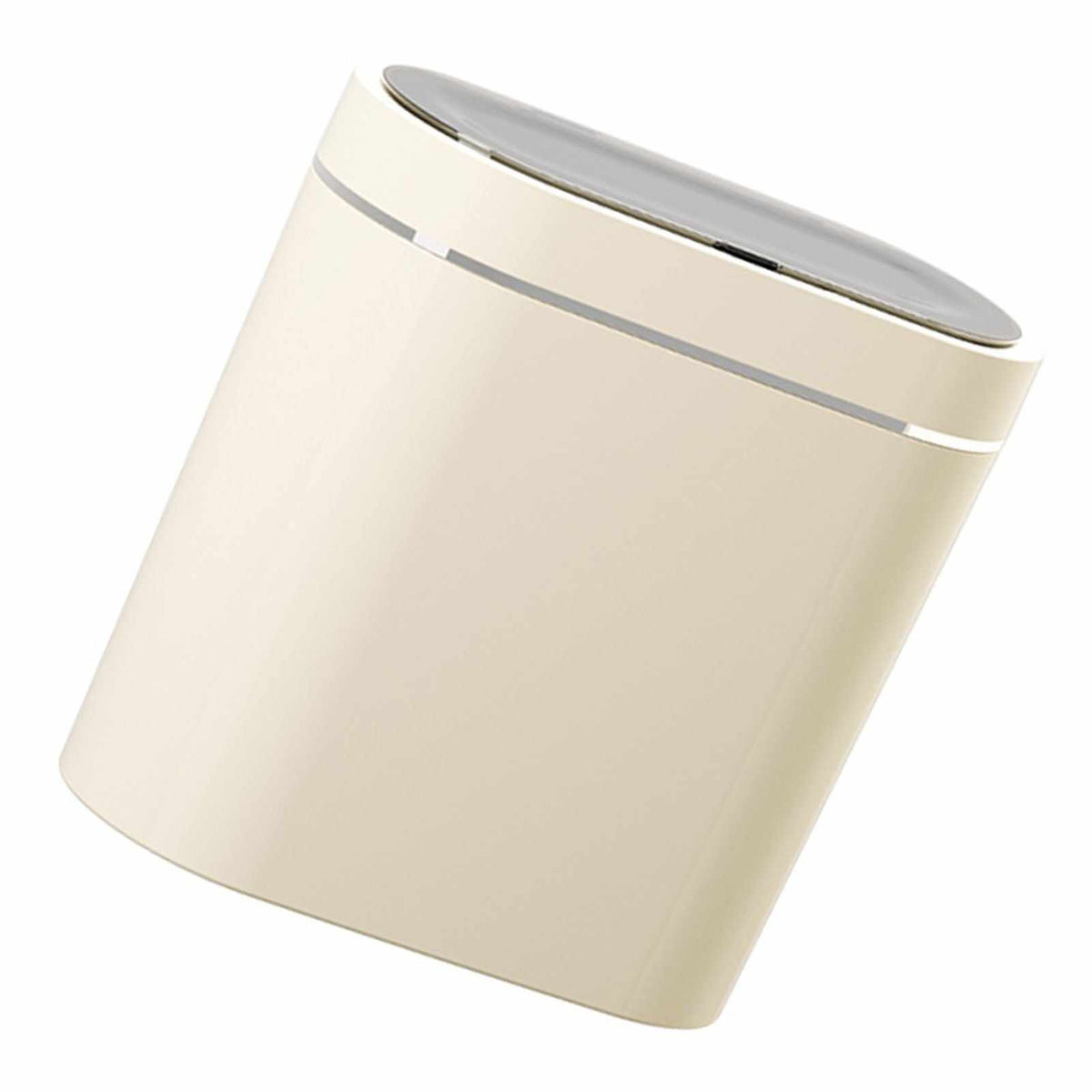 Automatic Trash Can in a slim ivory plastic design with a smooth body, silver trim and an oval sensor lid