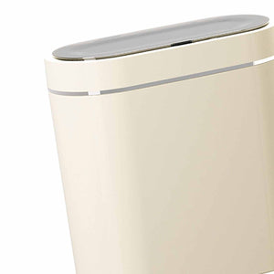 Automatic Trash Can in a slim cream plastic design with a rounded silver sensor lid and metallic trim