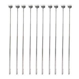 Back Scratcher Extendable set of ten slim silver stainless steel telescopic tools, each with a small claw-shaped scratching head.