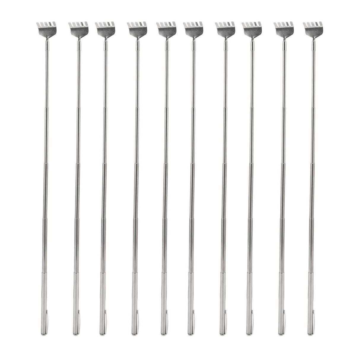 Back Scratcher Extendable set of ten slim silver stainless steel telescopic tools, each with a small claw-shaped scratching head.