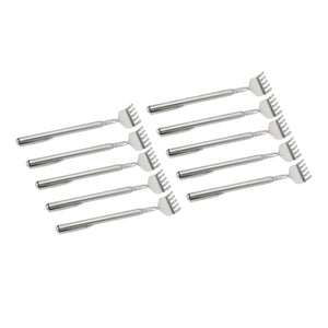 Back Scratcher Extendable set of ten silver stainless steel telescopic tools with ribbed claw heads and pocket clips