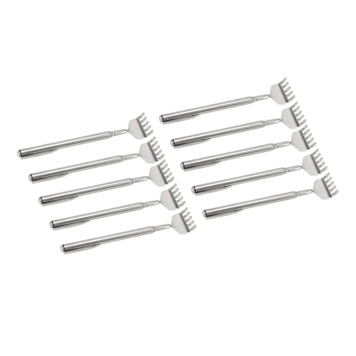 Back Scratcher Extendable set of ten silver stainless steel telescopic tools with ribbed claw heads and pocket clips