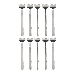 Back Scratcher Extendable set of ten silver stainless steel telescopic scratchers with wide claw heads and pocket clips