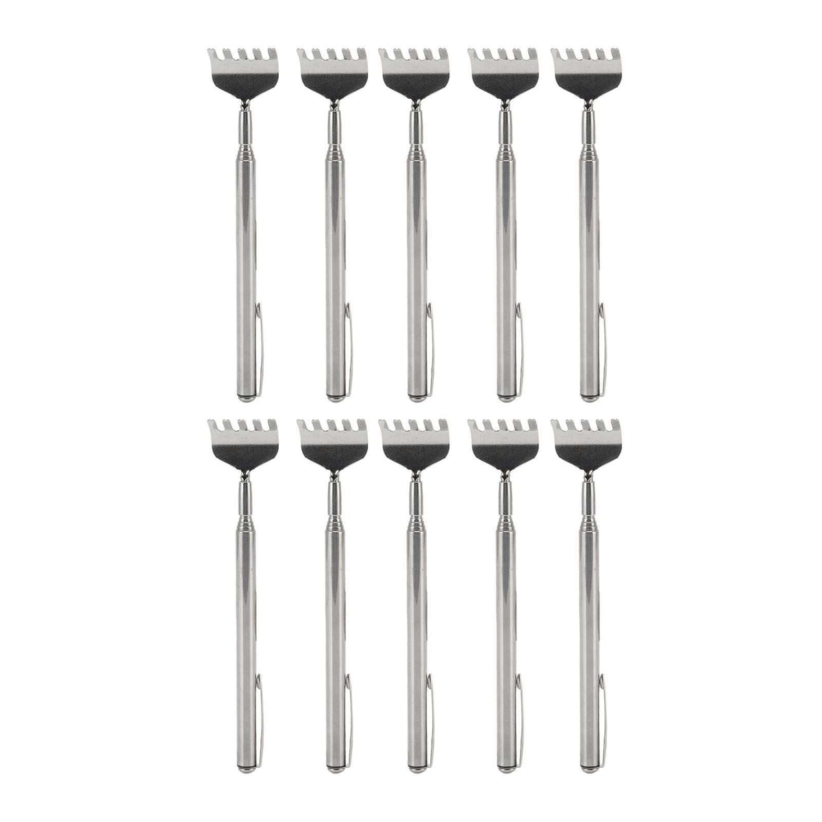Back Scratcher Extendable set of ten silver stainless steel telescopic scratchers with wide claw heads and pocket clips