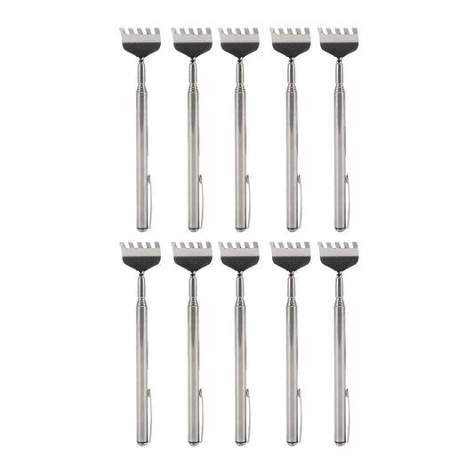 Back Scratcher Extendable set of ten silver stainless steel telescopic scratchers with wide claw heads and pocket clips