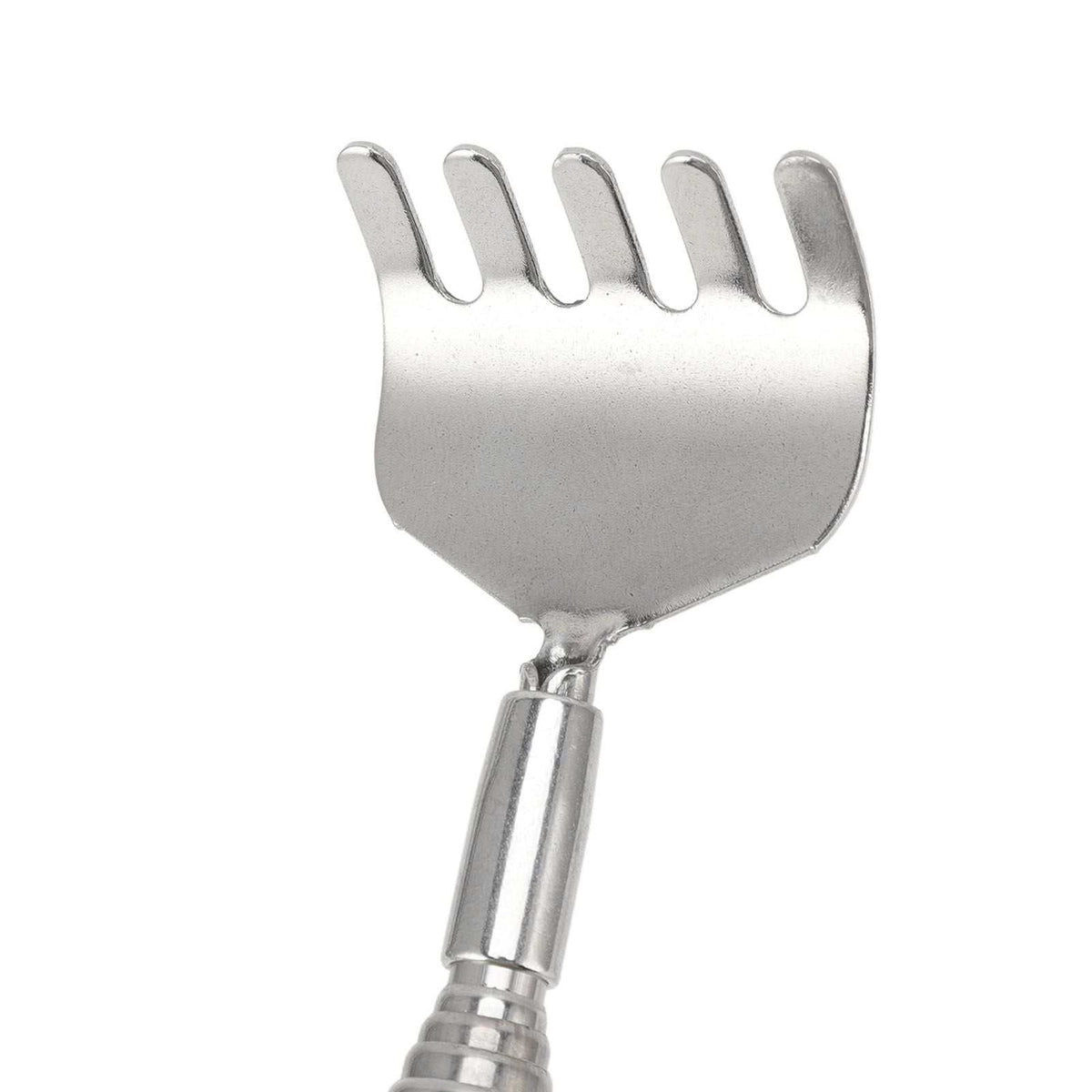 Back Scratcher Extendable with a silver stainless steel telescopic handle and broad, five-prong scratching head