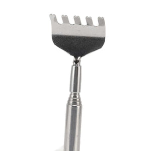 Back Scratcher Extendable with a silver stainless steel telescopic handle and wide five-pronged scratching head