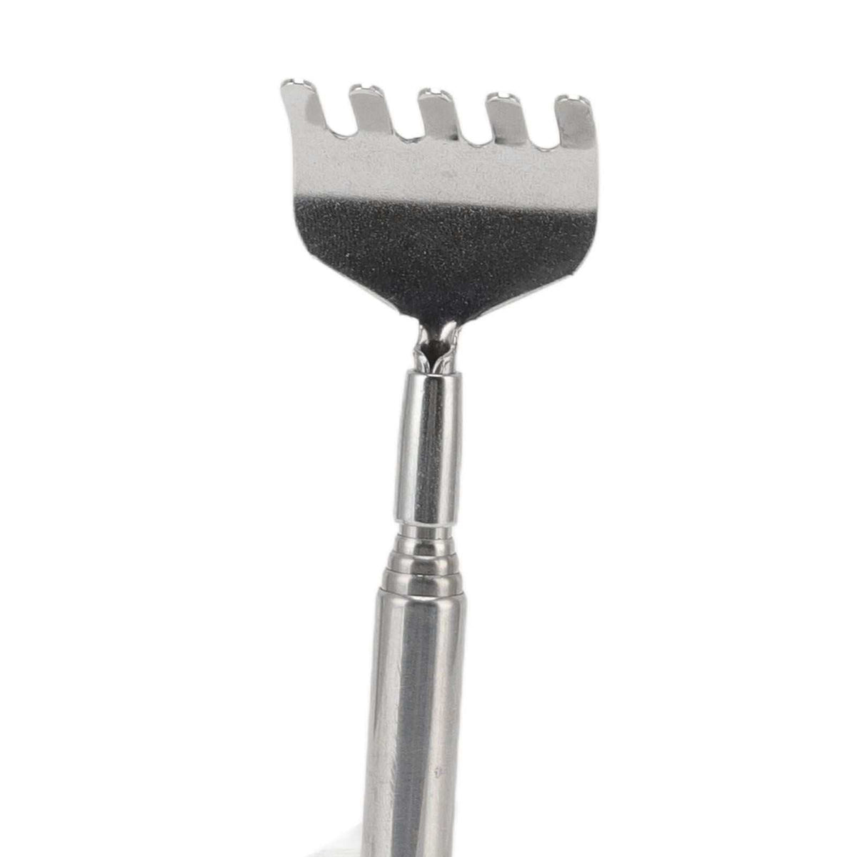 Back Scratcher Extendable with a silver stainless steel telescopic handle and wide five-pronged scratching head